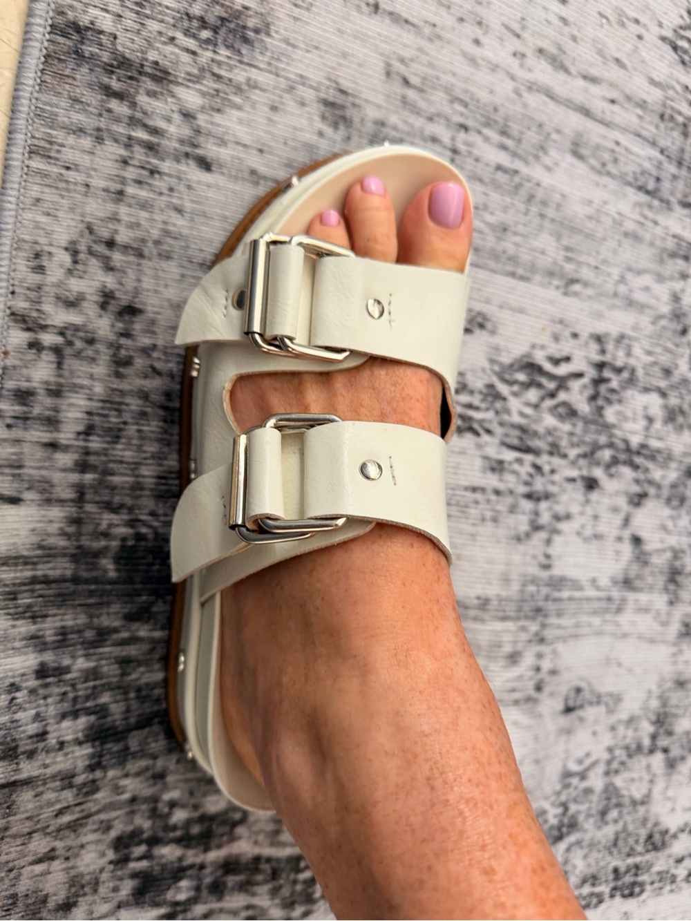 BCBGeneration White Double-Buckle Slide Sandals